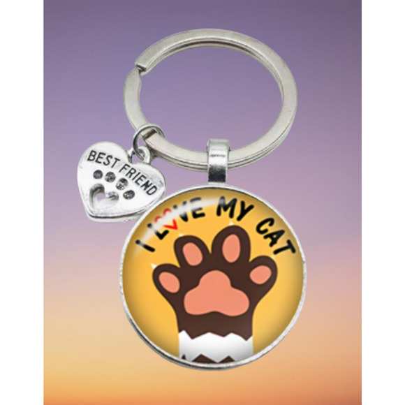 Best Friend I Love My Cat Paw Print Cabochon Dome Keychain Keyring Key Chain - Picture 2 of 5